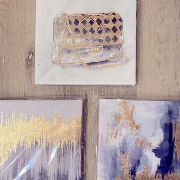 NEW 3-Piece Handbag Gold Wall Art Set - Purse + 2 Abstract Supporting Pieces - Picture 1 of 9